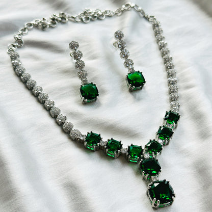 Green Emerald Cubic Zircon Stones American Diamond Silver Plated Necklace Set
