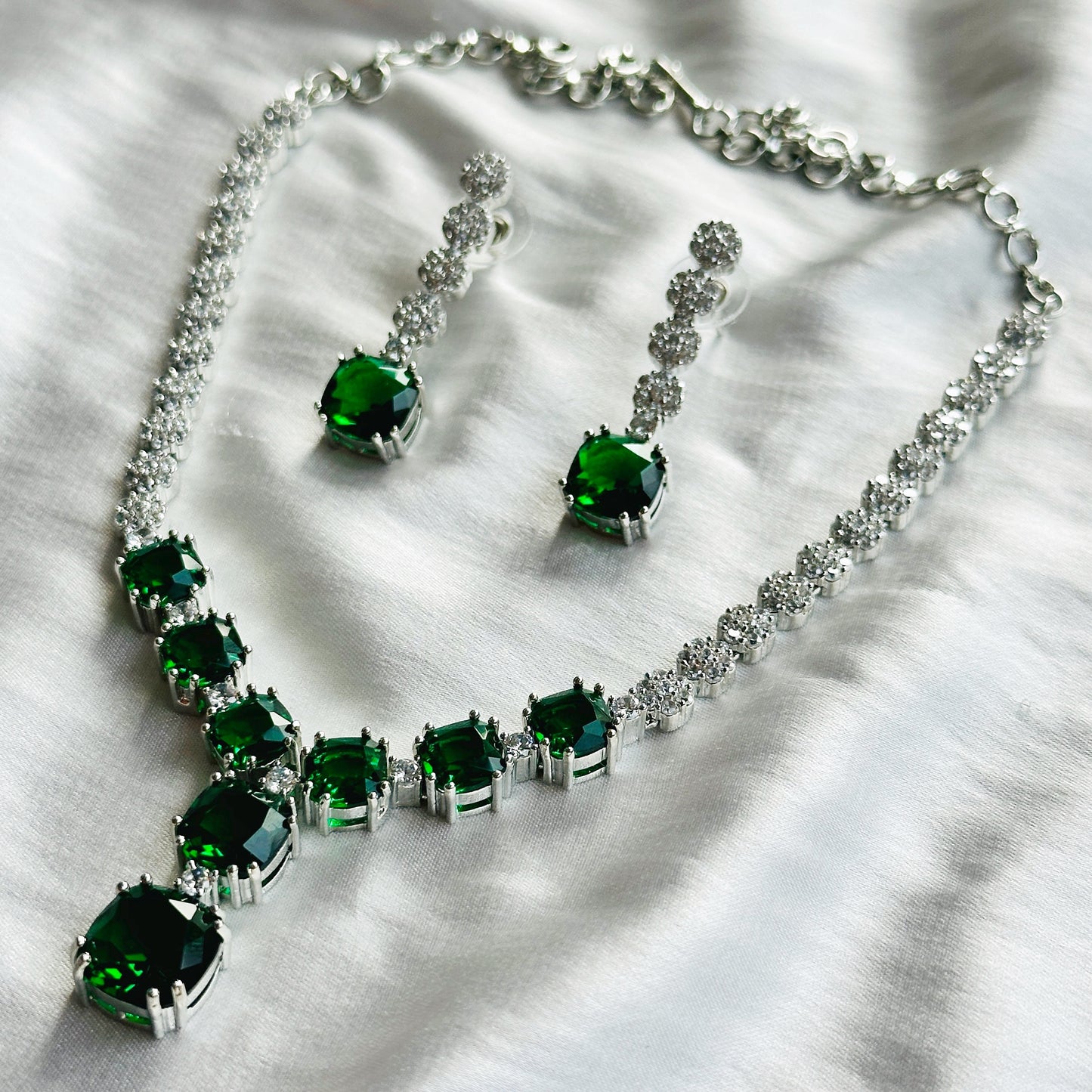 Green Emerald Cubic Zircon Stones American Diamond Silver Plated Necklace Set