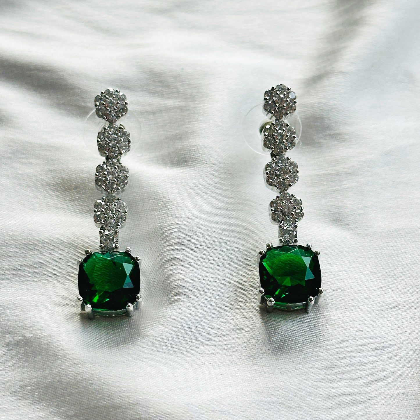 Green Emerald Cubic Zircon Stones American Diamond Silver Plated Necklace Set