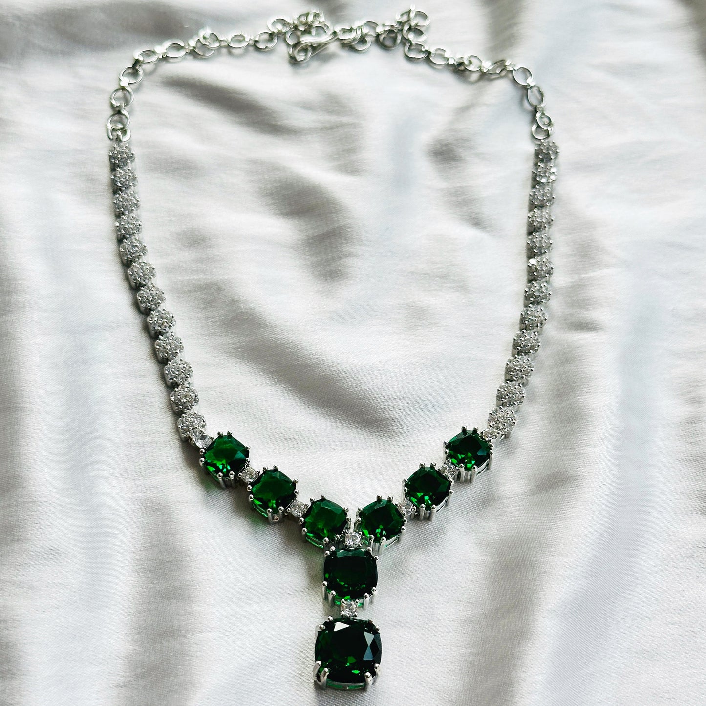 Green Emerald Cubic Zircon Stones American Diamond Silver Plated Necklace Set