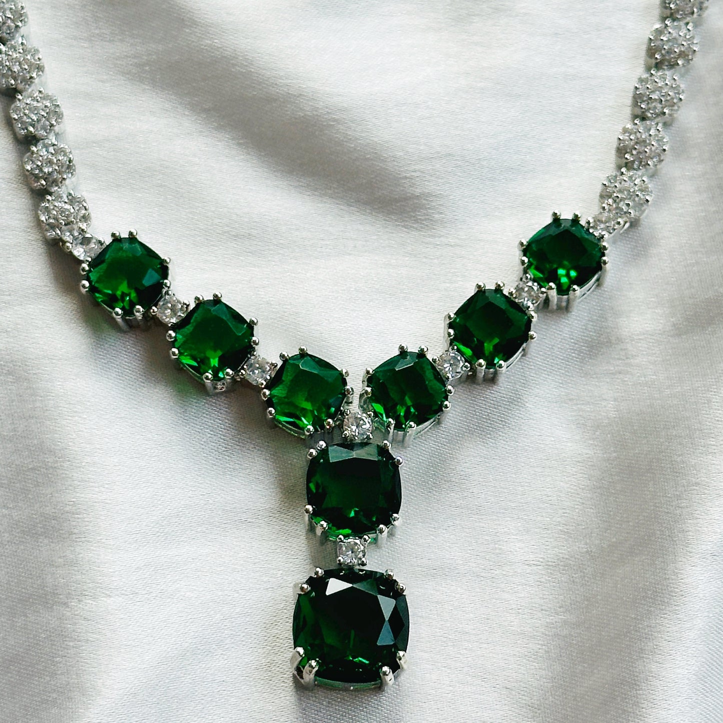 Green Emerald Cubic Zircon Stones American Diamond Silver Plated Necklace Set