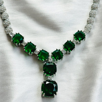Green Emerald Cubic Zircon Stones American Diamond Silver Plated Necklace Set