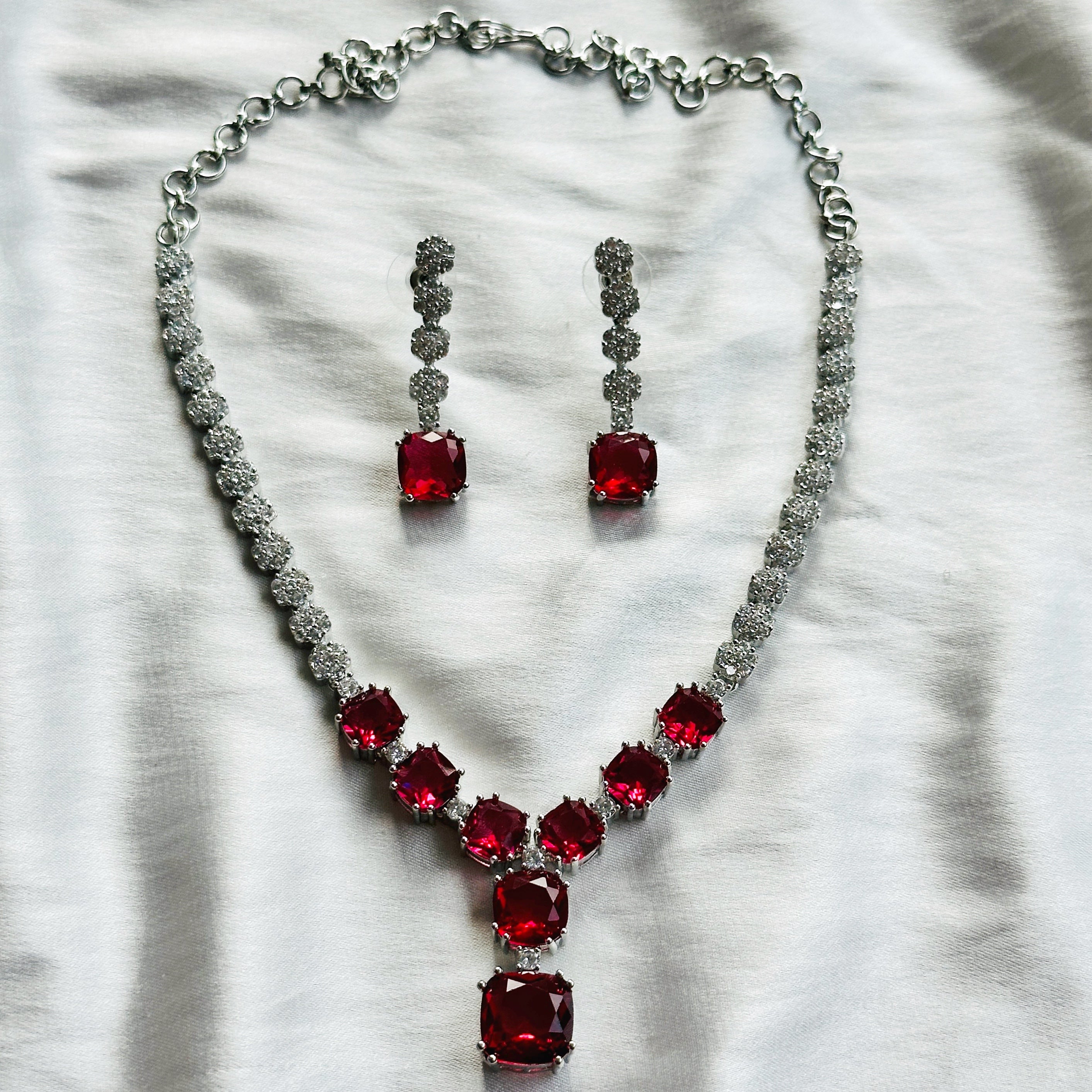 Red Ruby Cubic Zircon Stones American Diamond Silver Plated Necklace Set
