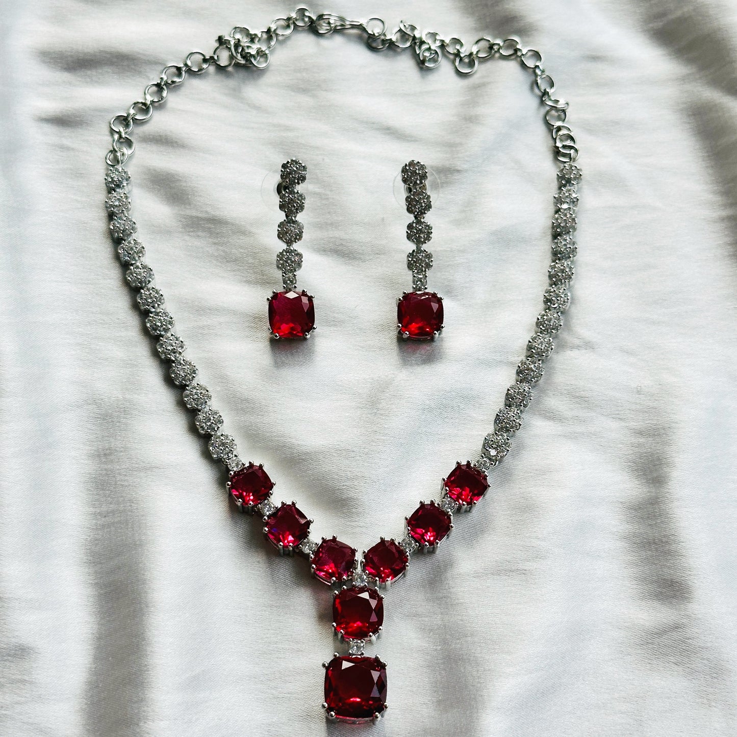 Red Ruby Cubic Zircon Stones American Diamond Silver Plated Necklace Set