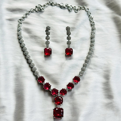 Red Ruby Cubic Zircon Stones American Diamond Silver Plated Necklace Set