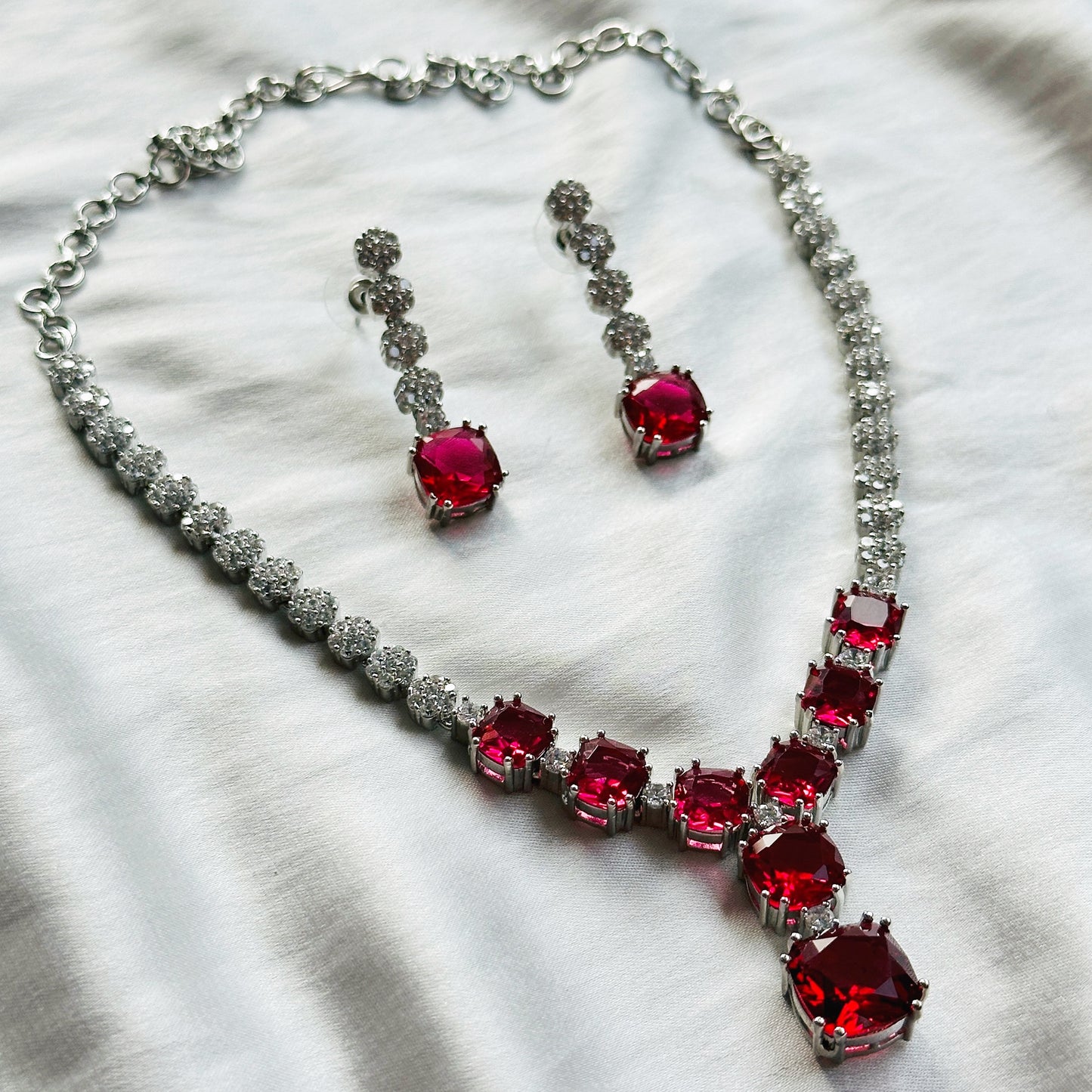 Red Ruby Cubic Zircon Stones American Diamond Silver Plated Necklace Set