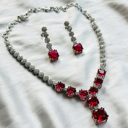 Red Ruby Cubic Zircon Stones American Diamond Silver Plated Necklace Set