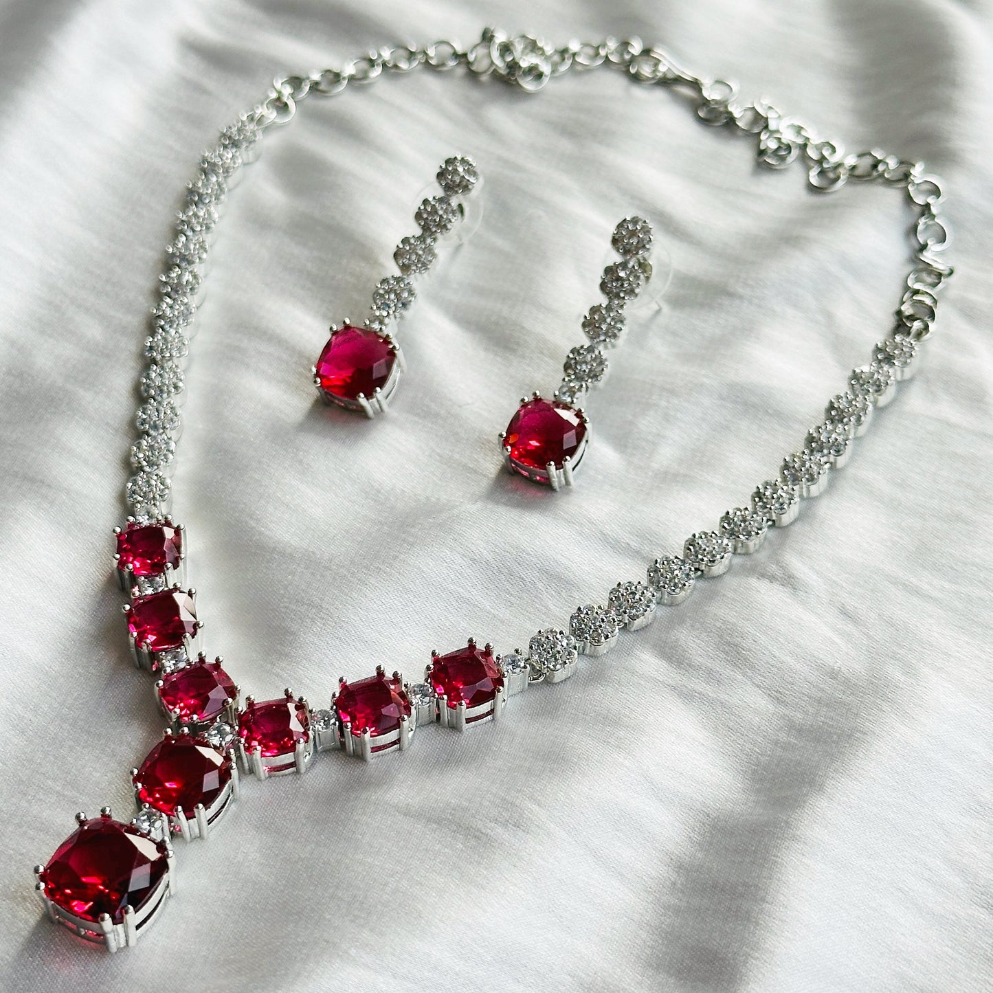 Red Ruby Cubic Zircon Stones American Diamond Silver Plated Necklace Set