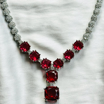 Red Ruby Cubic Zircon Stones American Diamond Silver Plated Necklace Set