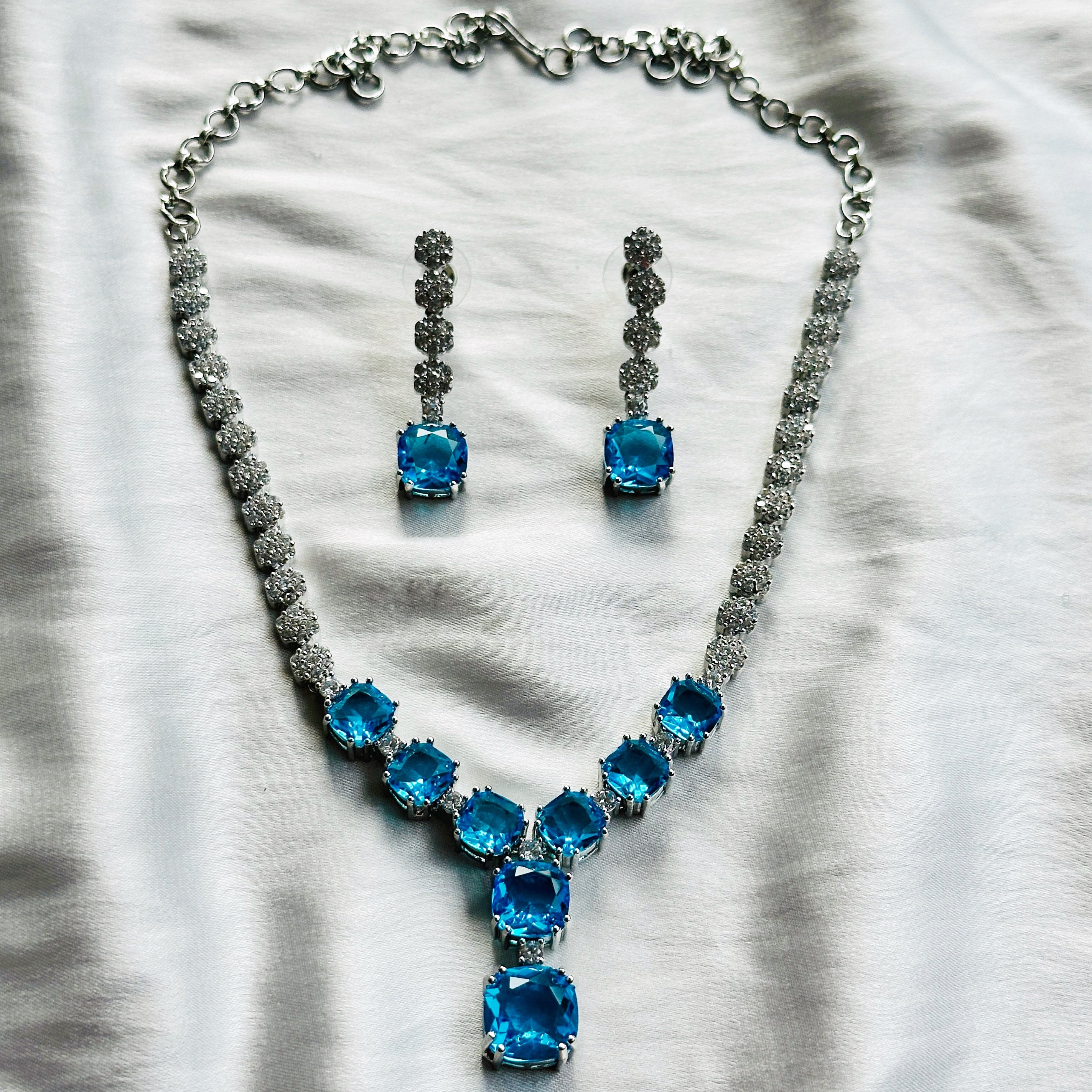 Aqua Blue Sapphire Cubic Zircon Stones American Diamond Silver Plated Necklace Set