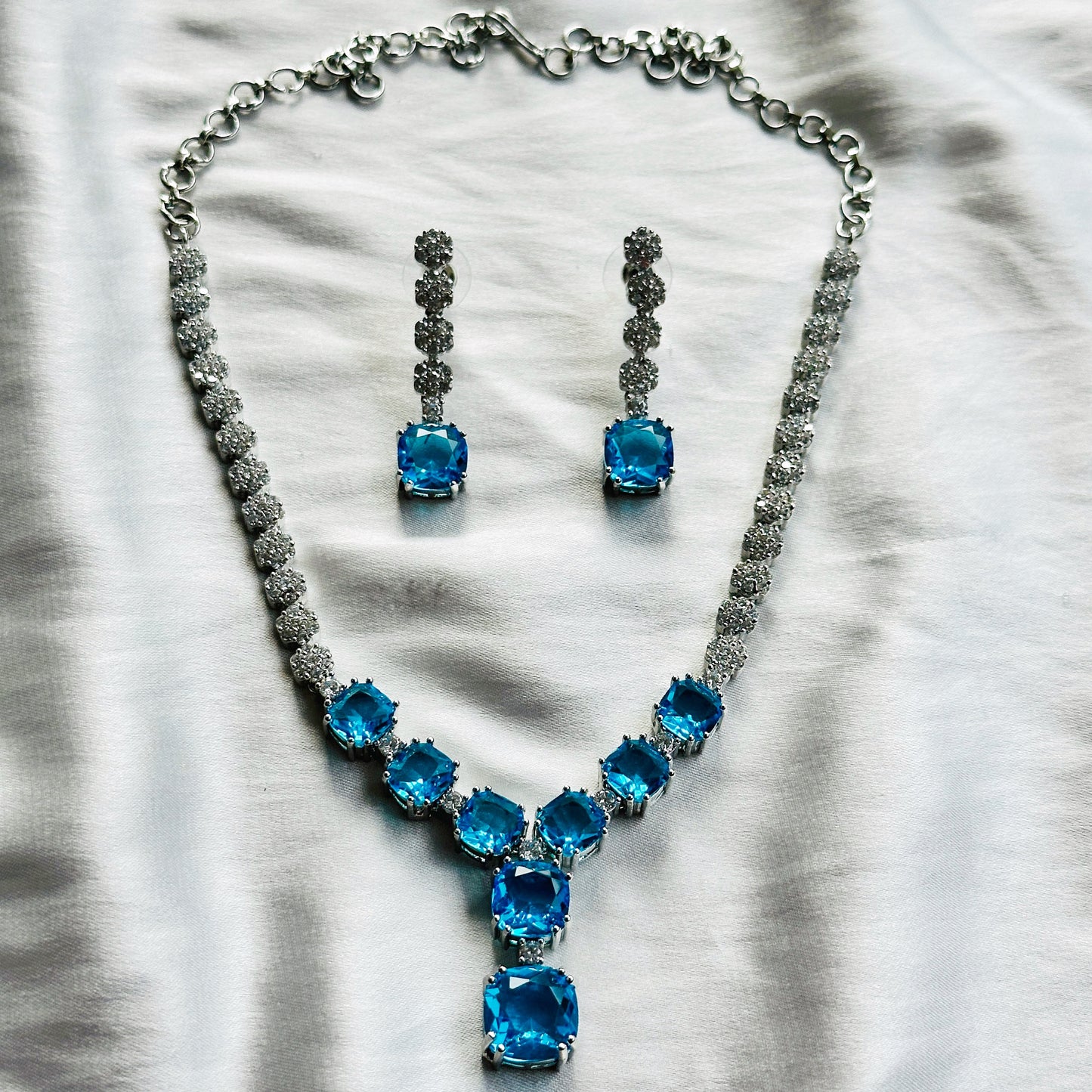 Aqua Blue Sapphire Cubic Zircon Stones American Diamond Silver Plated Necklace Set