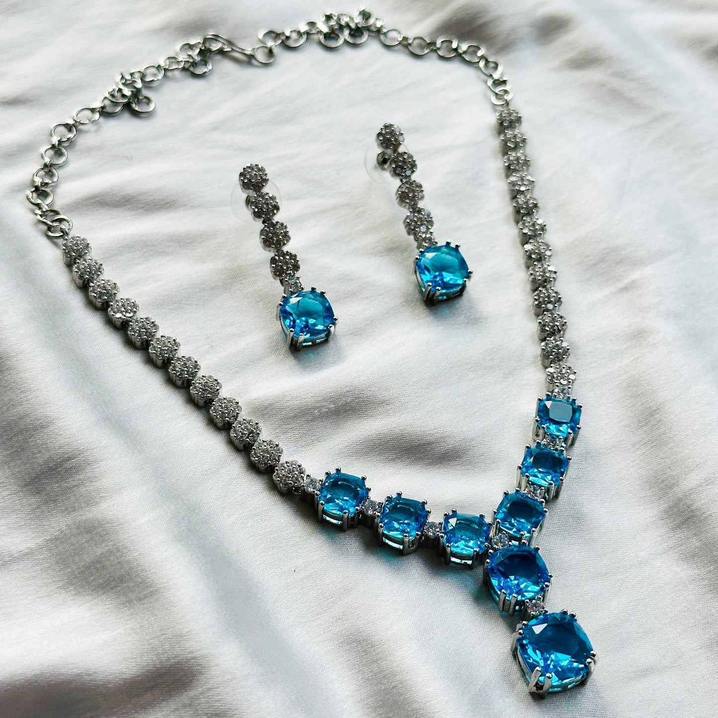 Aqua Blue Sapphire Cubic Zircon Stones American Diamond Silver Plated Necklace Set