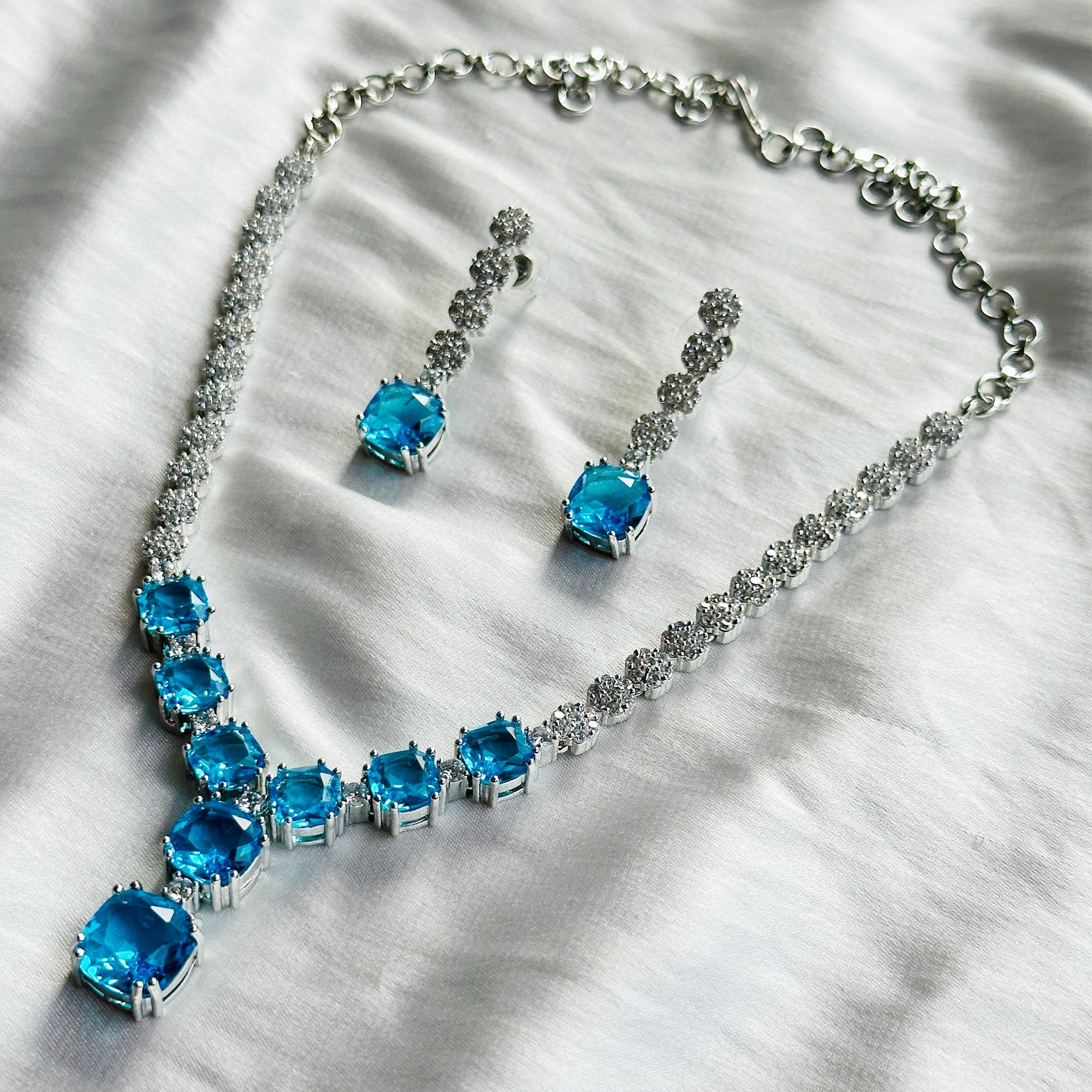 Aqua Blue Sapphire Cubic Zircon Stones American Diamond Silver Plated Necklace Set