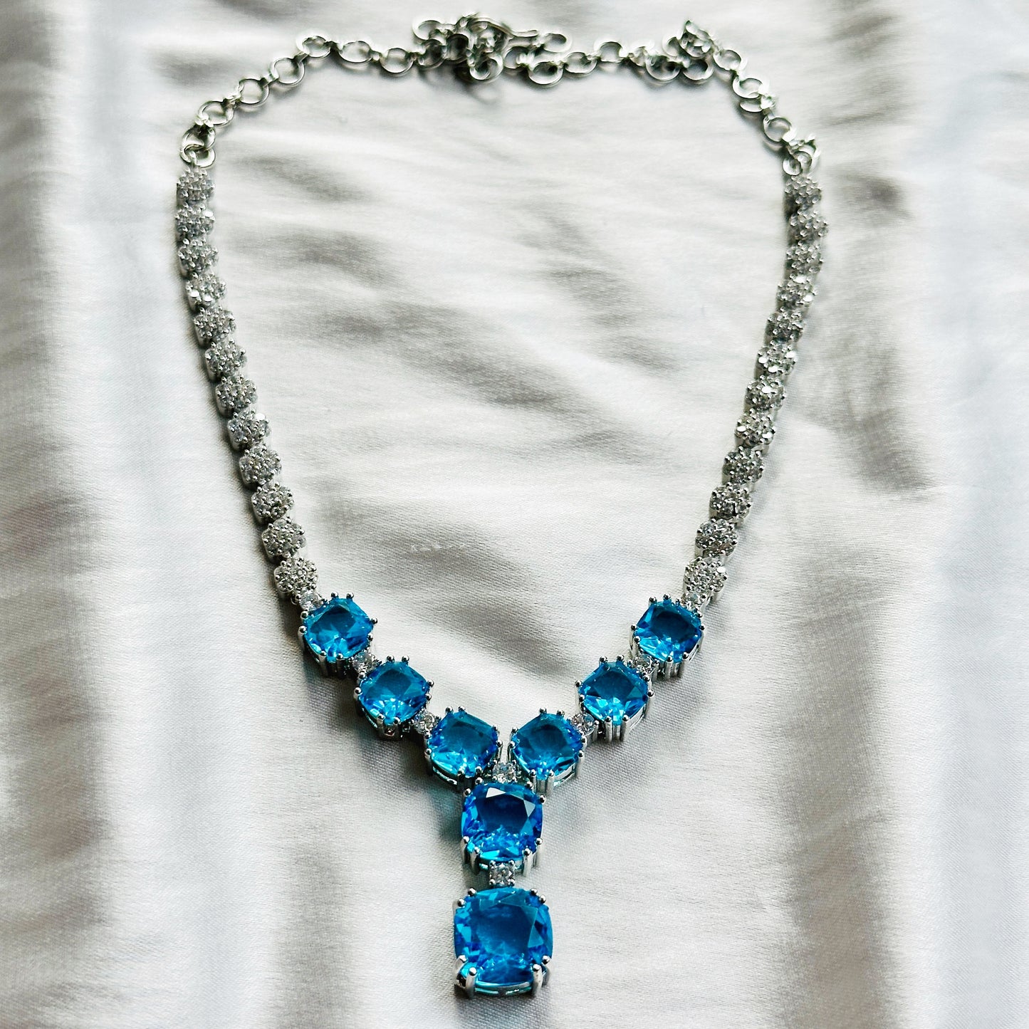 Aqua Blue Sapphire Cubic Zircon Stones American Diamond Silver Plated Necklace Set