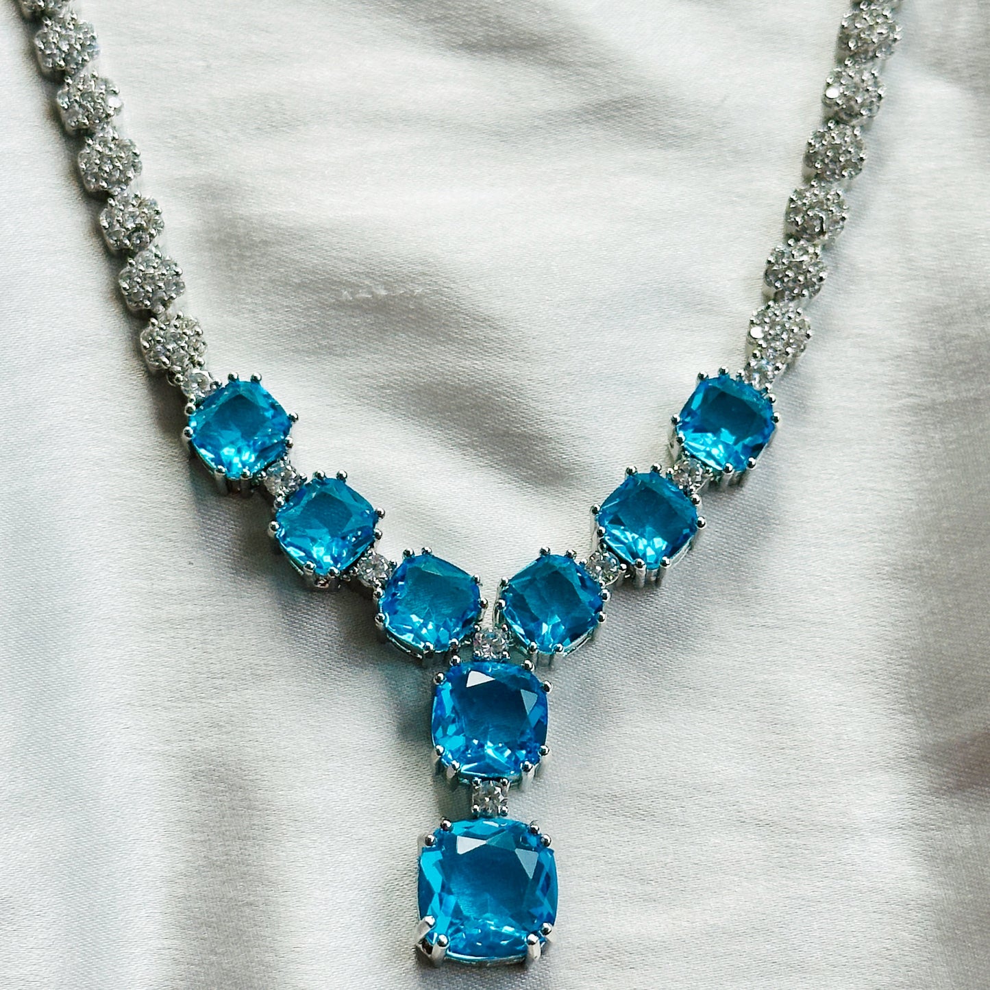 Aqua Blue Sapphire Cubic Zircon Stones American Diamond Silver Plated Necklace Set