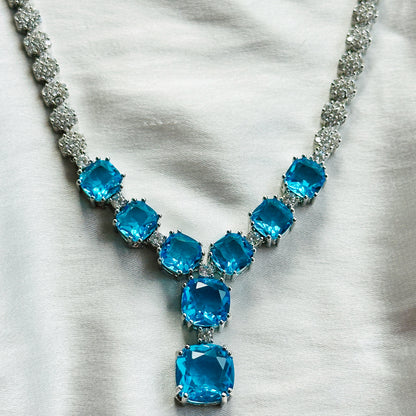 Aqua Blue Sapphire Cubic Zircon Stones American Diamond Silver Plated Necklace Set