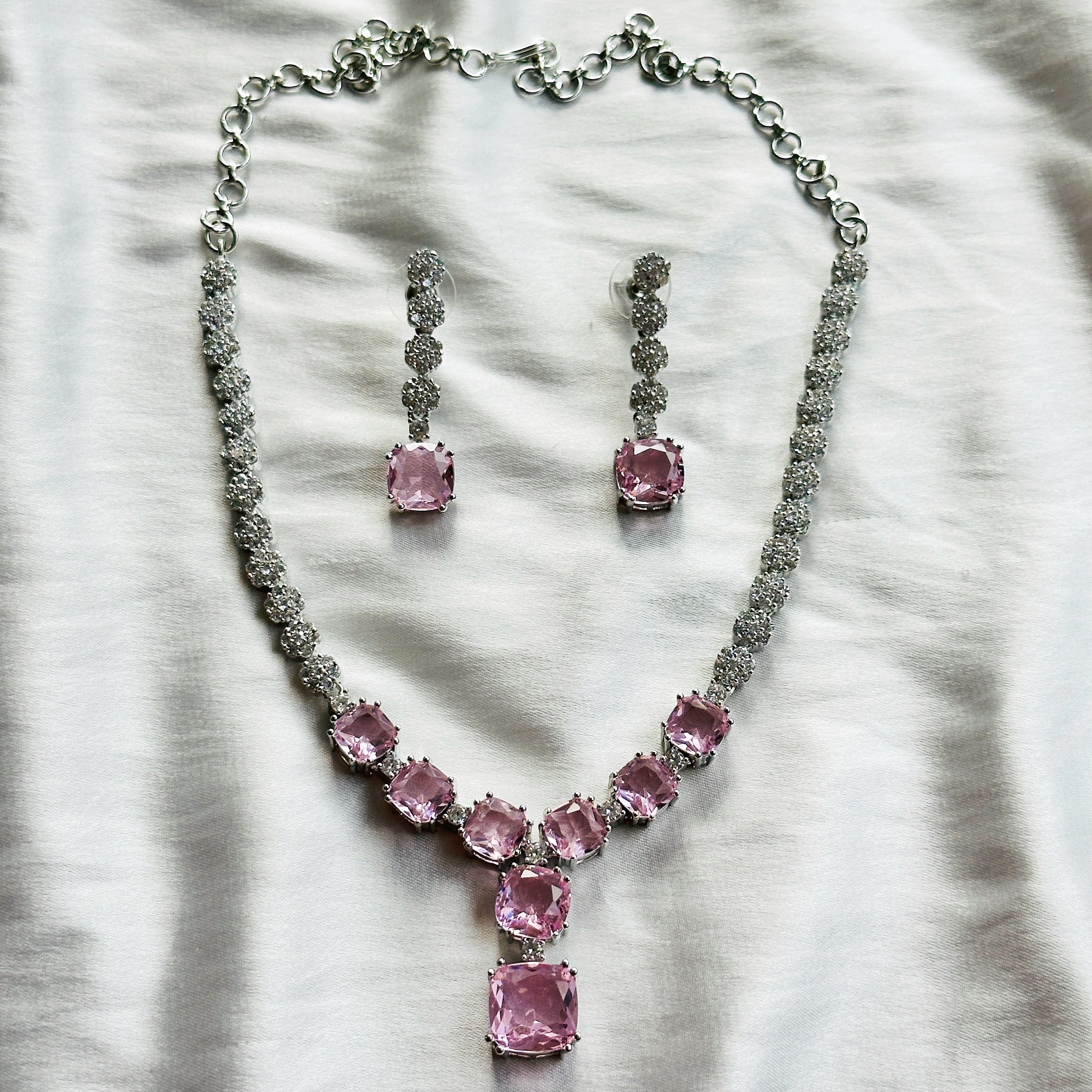 Pink Topaz Cubic Zircon Stones American Diamond Silver Plated Necklace Set
