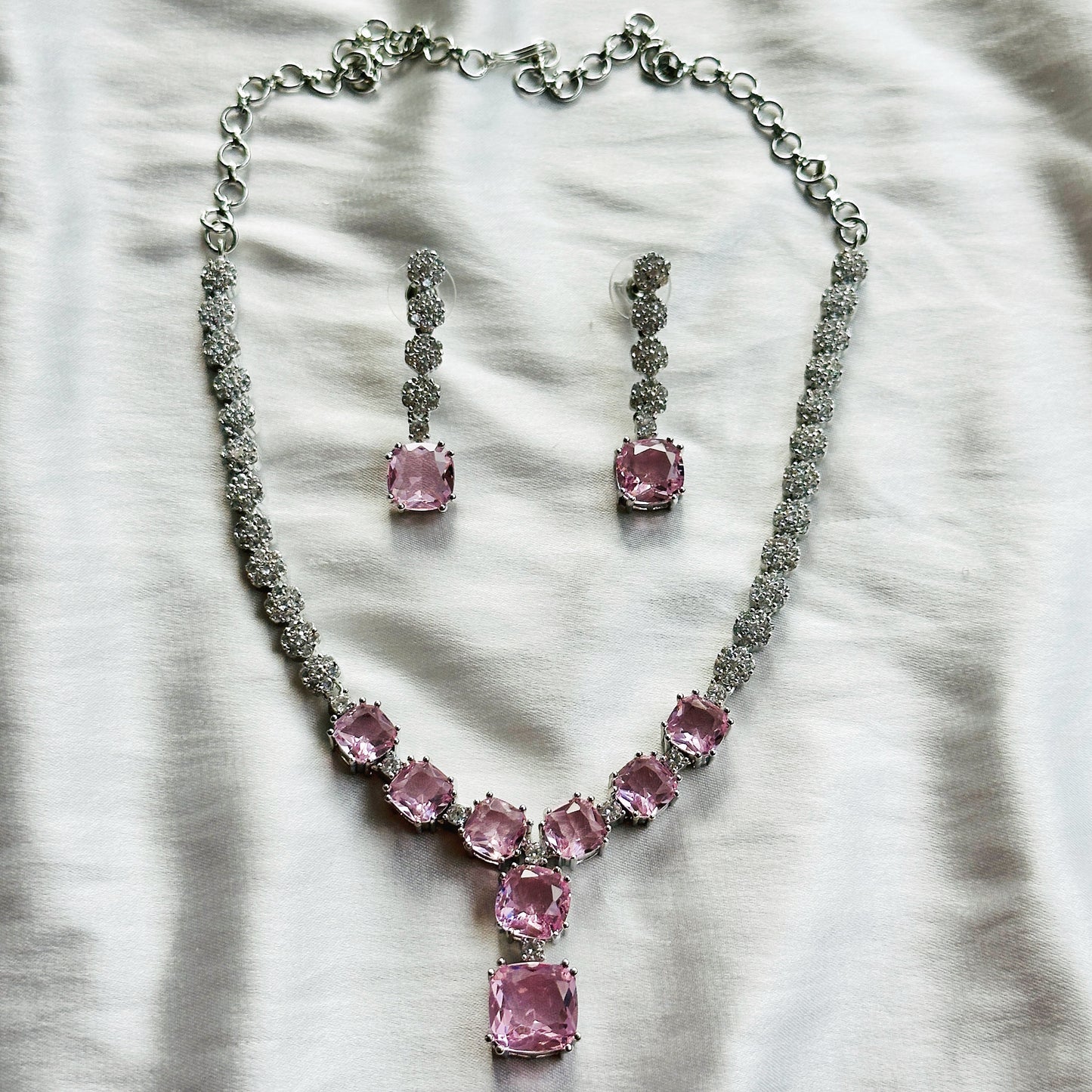 Pink Topaz Cubic Zircon Stones American Diamond Silver Plated Necklace Set