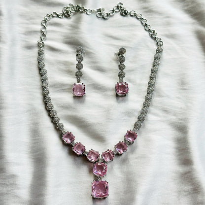 Pink Topaz Cubic Zircon Stones American Diamond Silver Plated Necklace Set