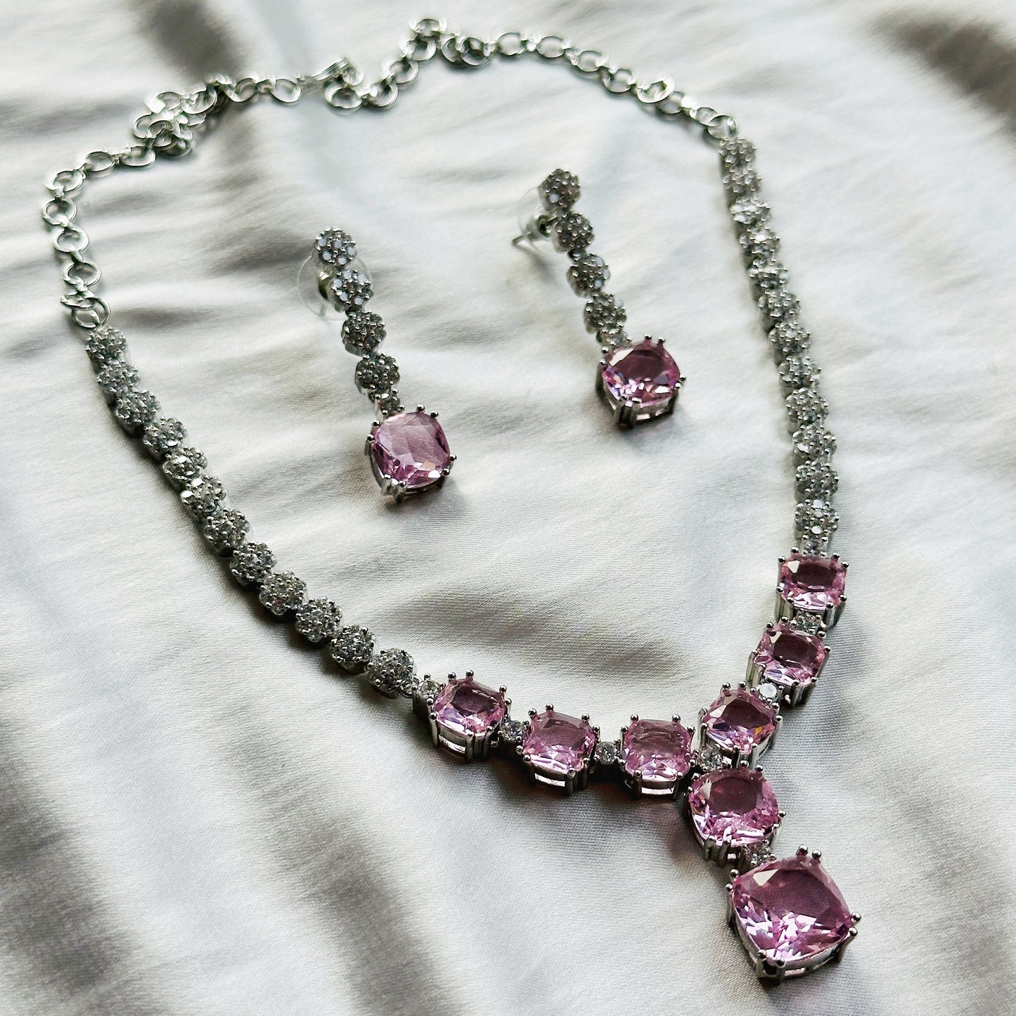 Pink Topaz Cubic Zircon Stones American Diamond Silver Plated Necklace Set