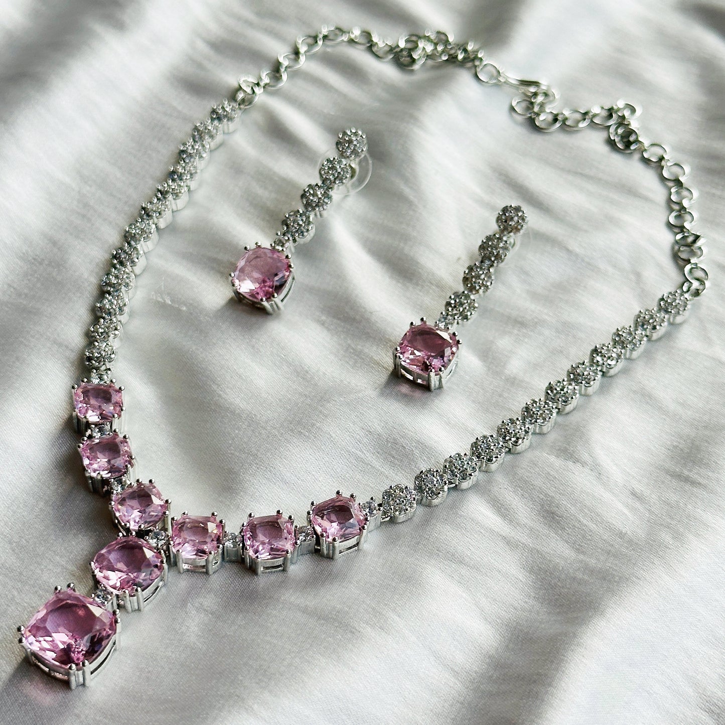 Pink Topaz Cubic Zircon Stones American Diamond Silver Plated Necklace Set