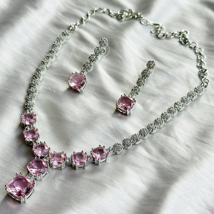 Pink Topaz Cubic Zircon Stones American Diamond Silver Plated Necklace Set