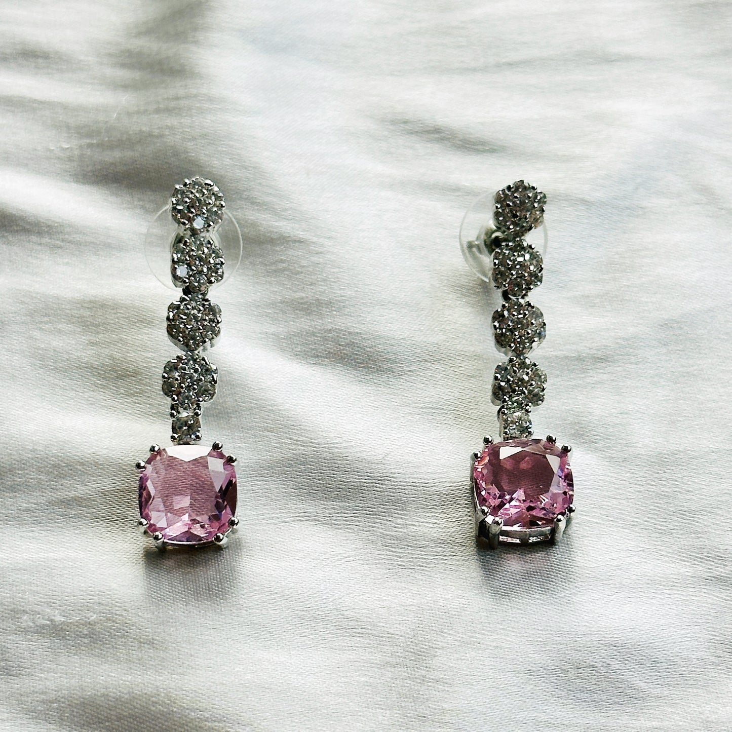 Pink Topaz Cubic Zircon Stones American Diamond Silver Plated Necklace Set