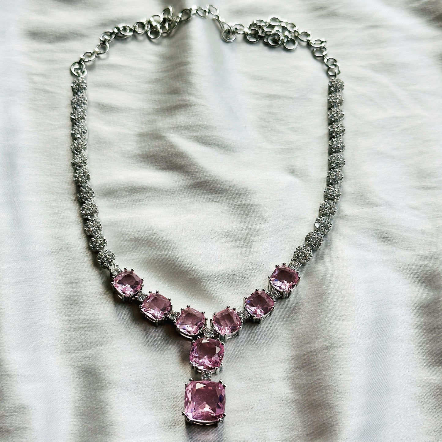 Pink Topaz Cubic Zircon Stones American Diamond Silver Plated Necklace Set