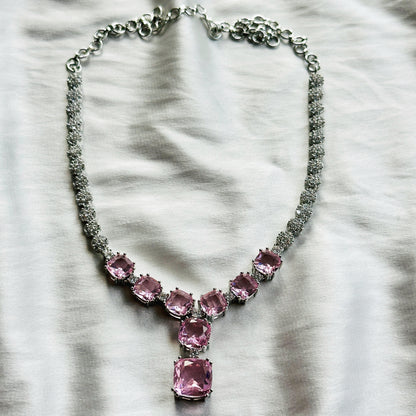 Pink Topaz Cubic Zircon Stones American Diamond Silver Plated Necklace Set