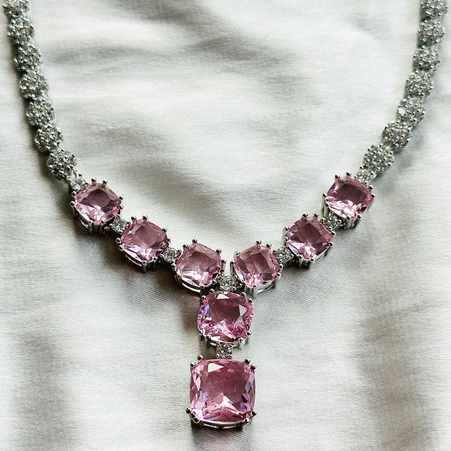 Pink Topaz Cubic Zircon Stones American Diamond Silver Plated Necklace Set