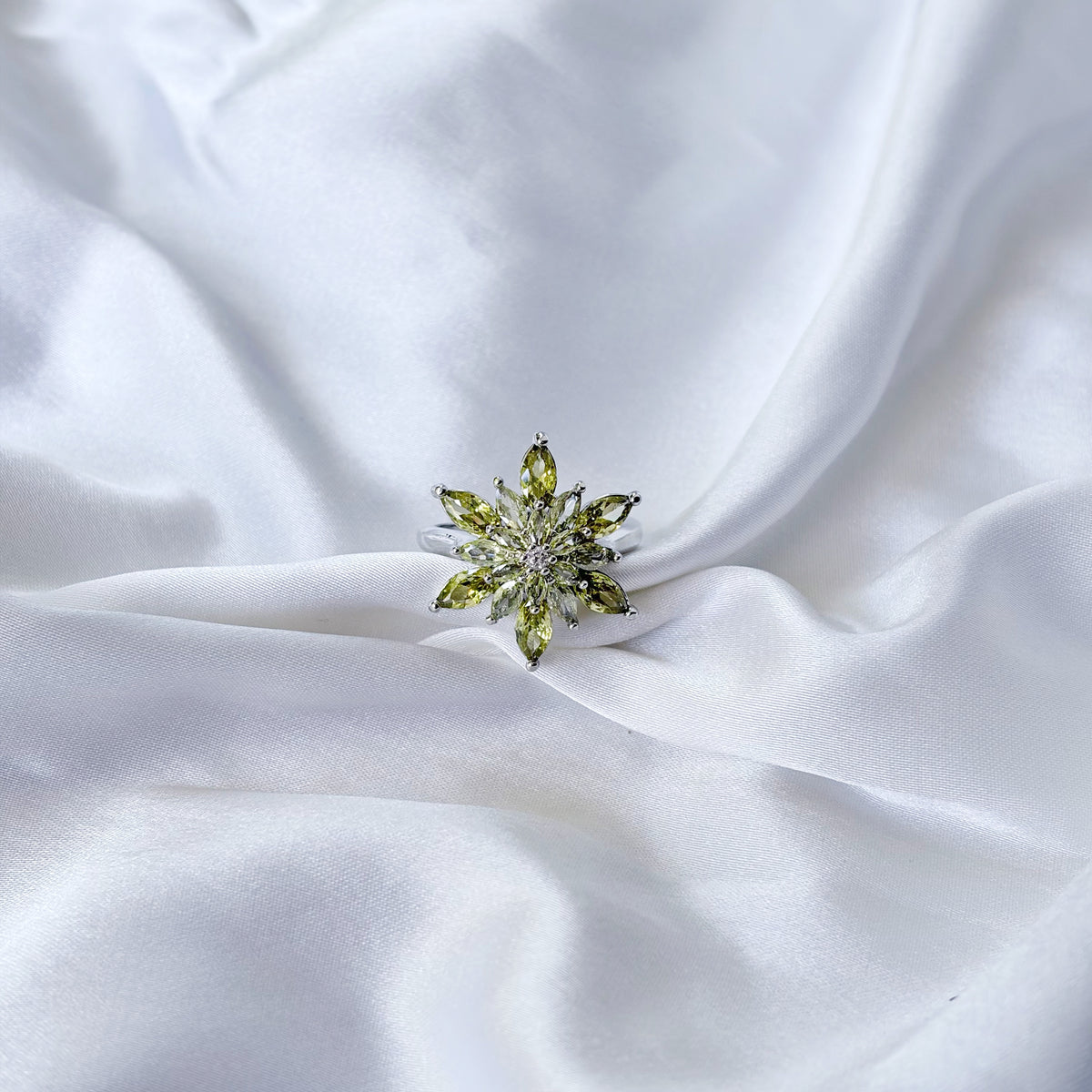 Olive Green Cubic Zirconia Ice Cut American Diamond Silver Plated Adjustable Ring