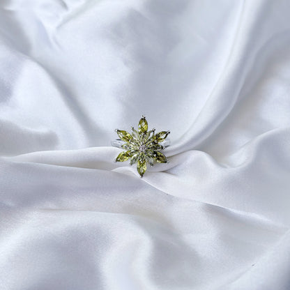 Olive Green Cubic Zirconia Ice Cut American Diamond Silver Plated Adjustable Ring