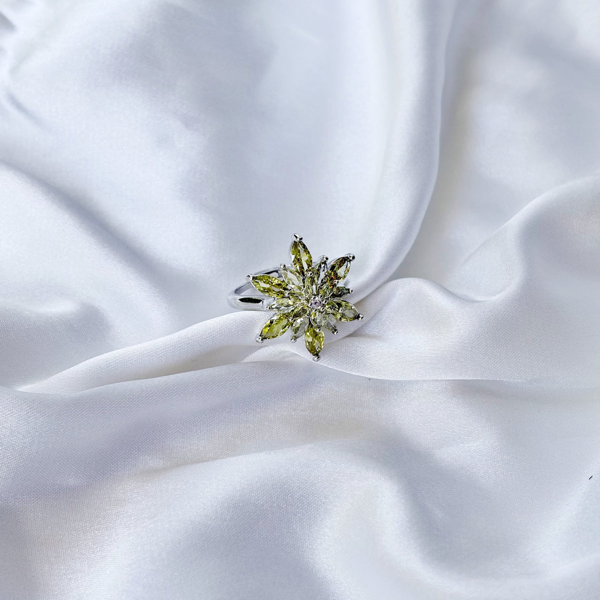 Olive Green Cubic Zirconia Ice Cut American Diamond Silver Plated Adjustable Ring