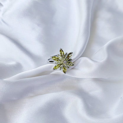 Olive Green Cubic Zirconia Ice Cut American Diamond Silver Plated Adjustable Ring