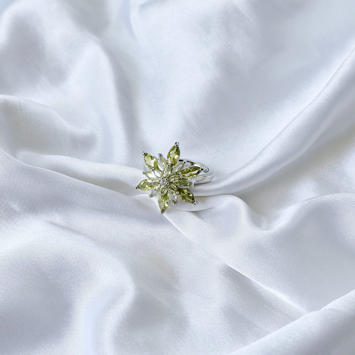 Olive Green Cubic Zirconia Ice Cut American Diamond Silver Plated Adjustable Ring