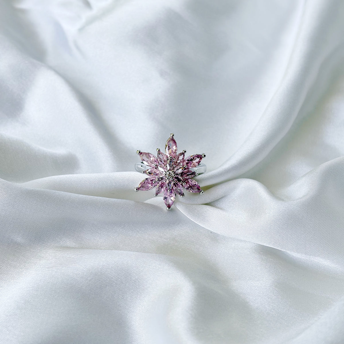Pink Topaz Cubic Zirconia Ice Cut American Diamond Silver Plated Adjustable Ring