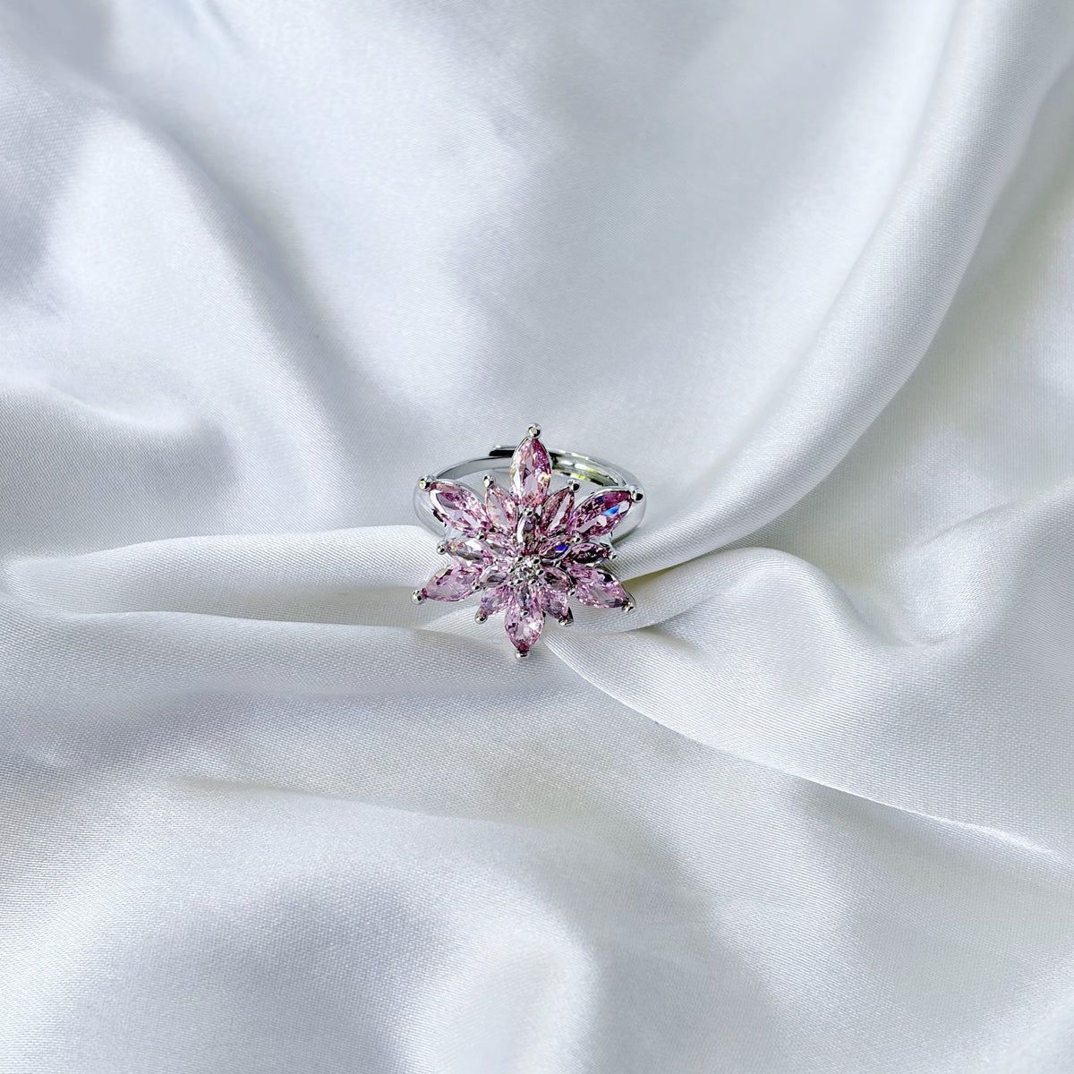 Pink Topaz Cubic Zirconia Ice Cut American Diamond Silver Plated Adjustable Ring
