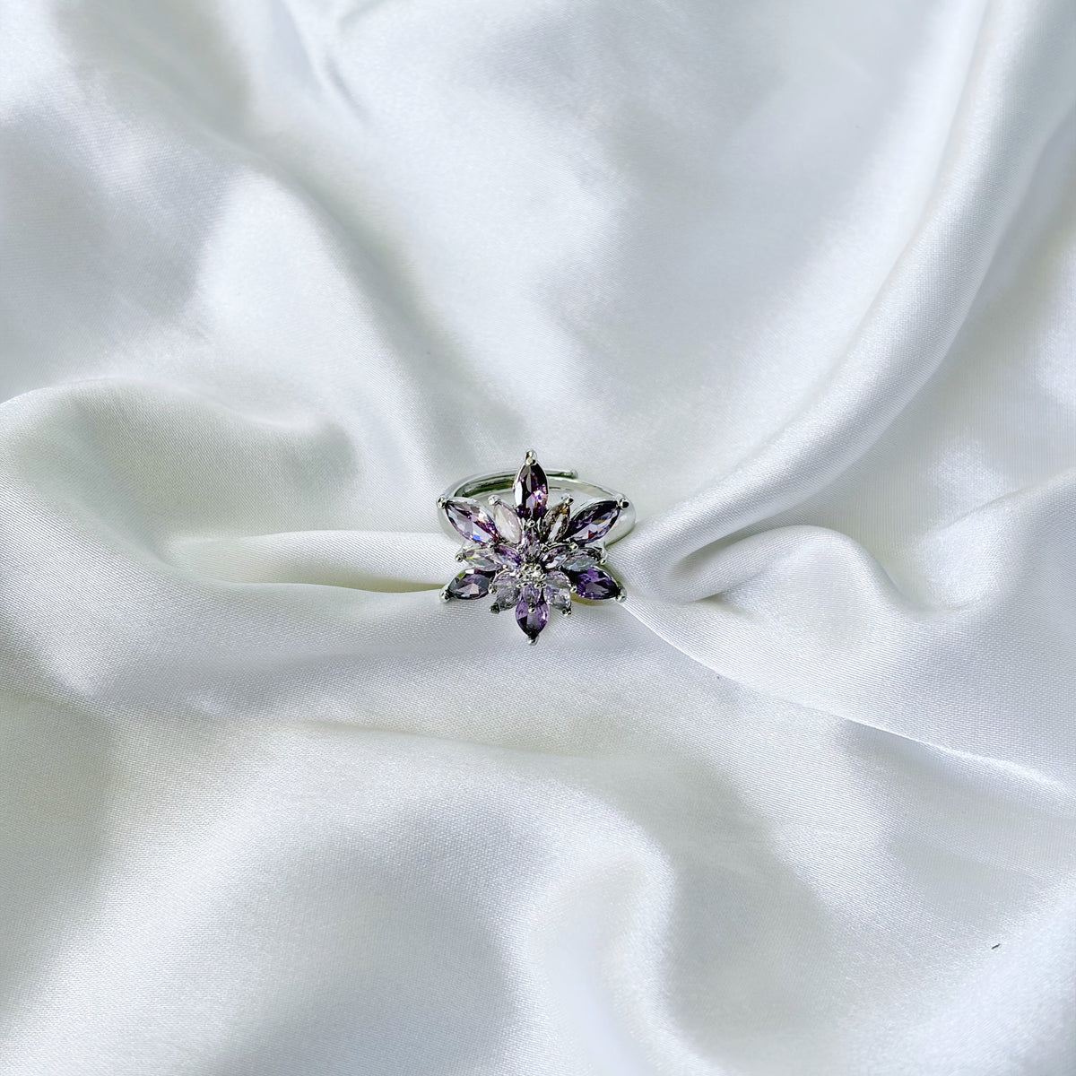 Purple Amethyst Cubic Zirconia Ice Cut American Diamond Silver Plated Adjustable Ring