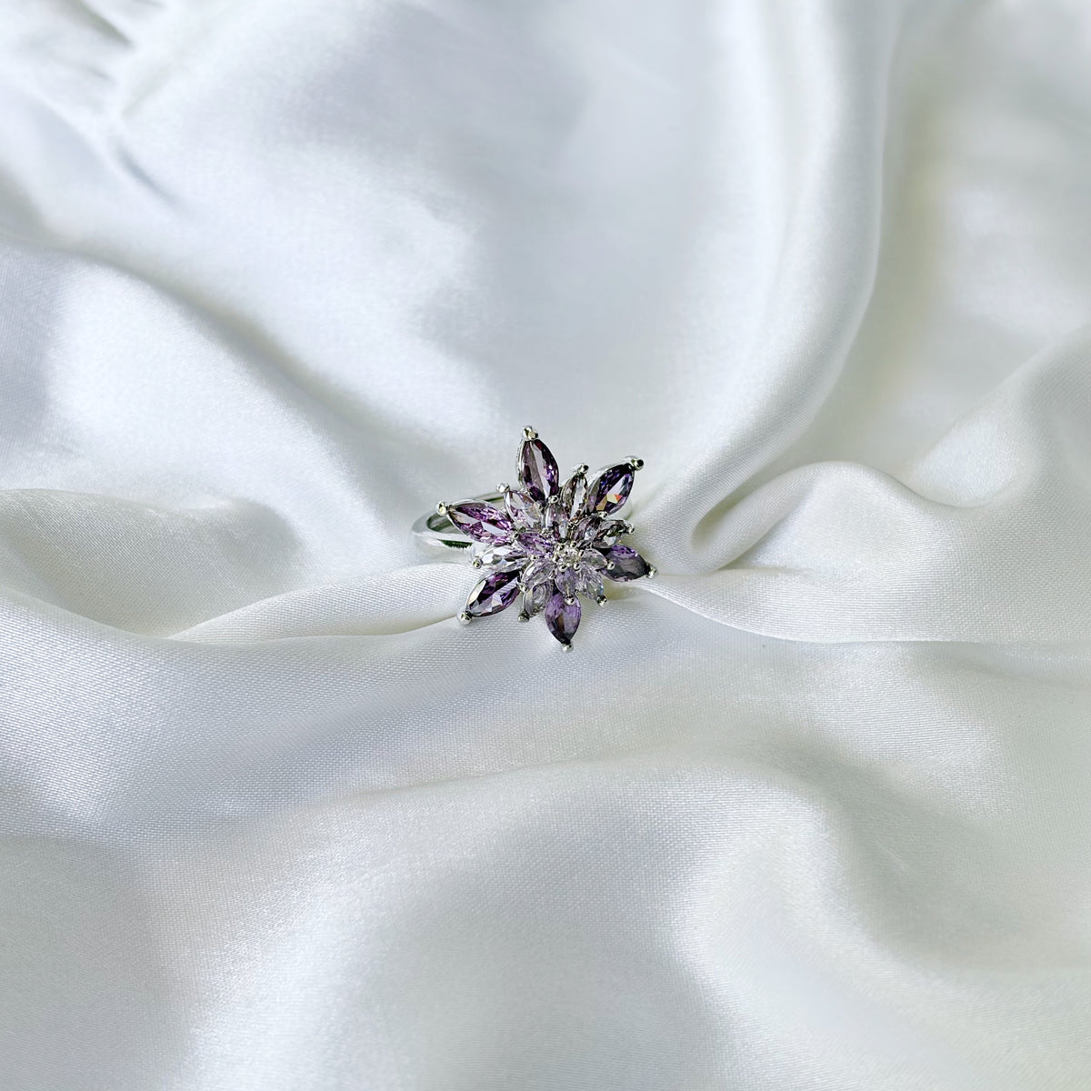 Purple Amethyst Cubic Zirconia Ice Cut American Diamond Silver Plated Adjustable Ring