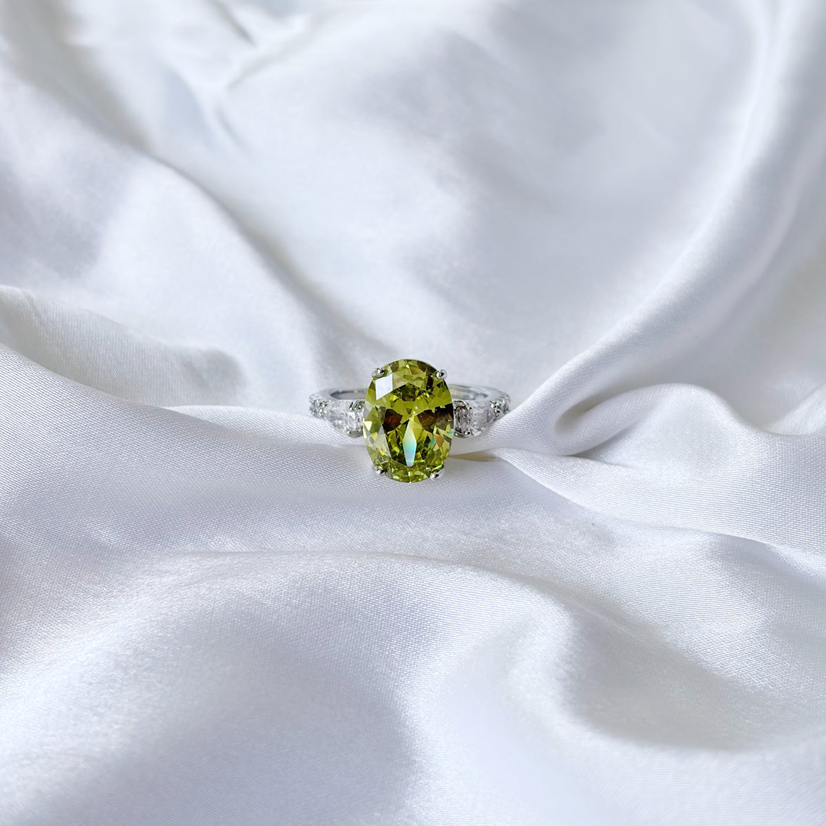 Olive Green Cubic Zirconia Ice Cut American Diamond Silver Plated Adjustable Ring