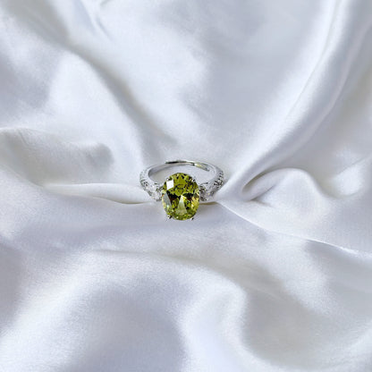 Olive Green Cubic Zirconia Ice Cut American Diamond Silver Plated Adjustable Ring