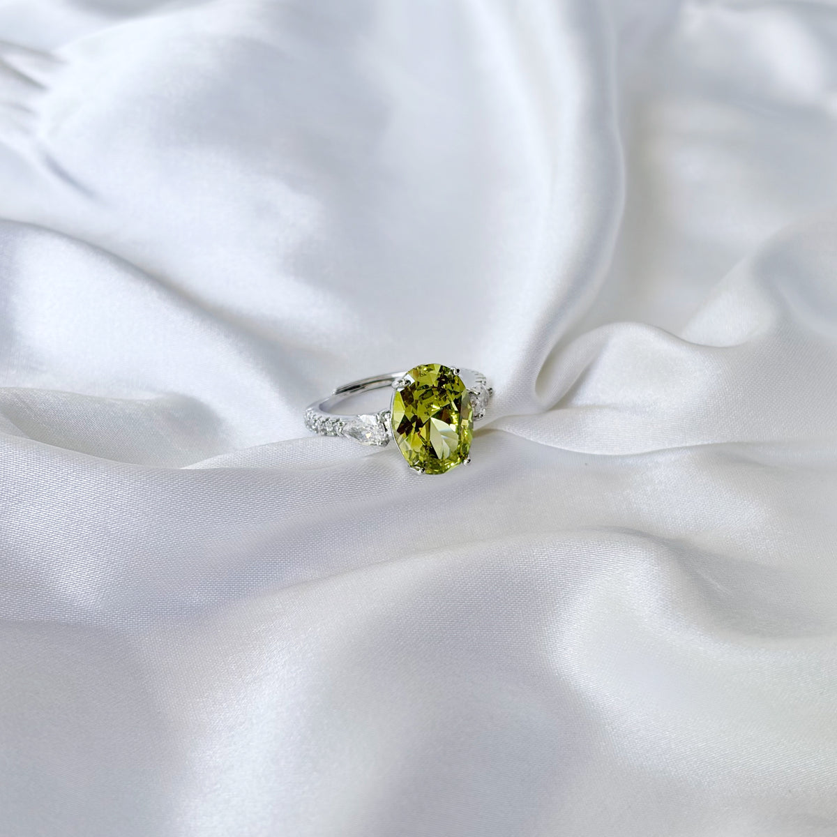 Olive Green Cubic Zirconia Ice Cut American Diamond Silver Plated Adjustable Ring