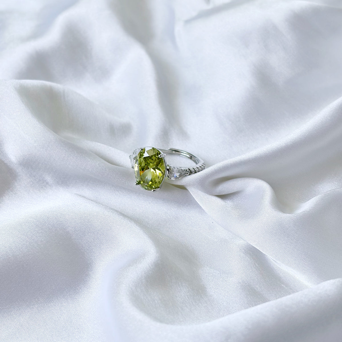 Olive Green Cubic Zirconia Ice Cut American Diamond Silver Plated Adjustable Ring