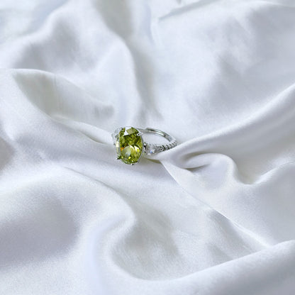 Olive Green Cubic Zirconia Ice Cut American Diamond Silver Plated Adjustable Ring