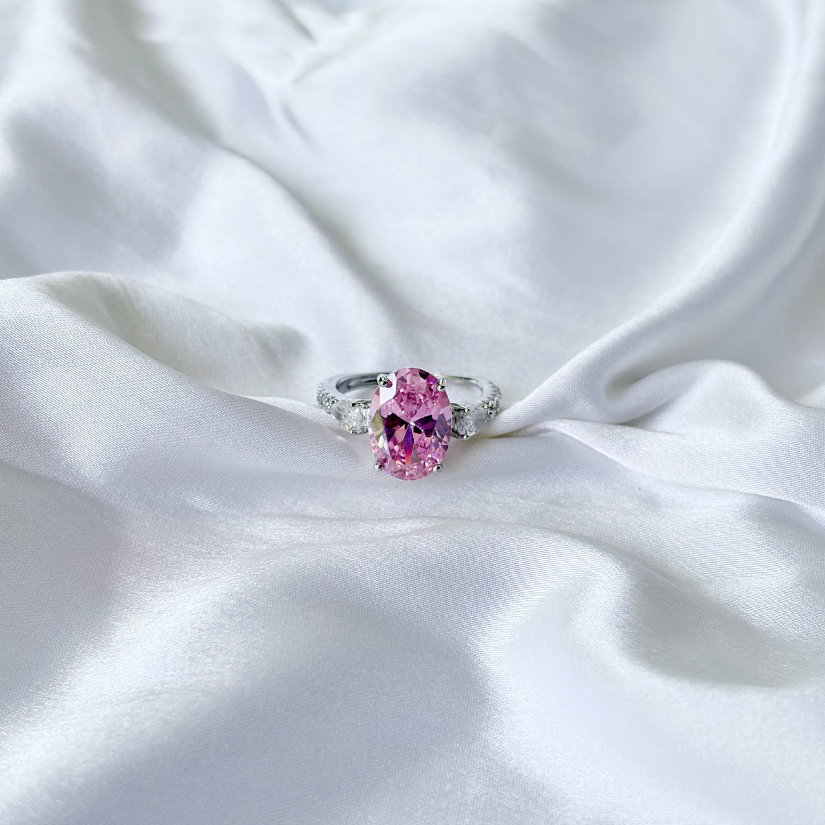 Pink Topaz Cubic Zirconia Ice Cut American Diamond Silver Plated Adjustable Ring