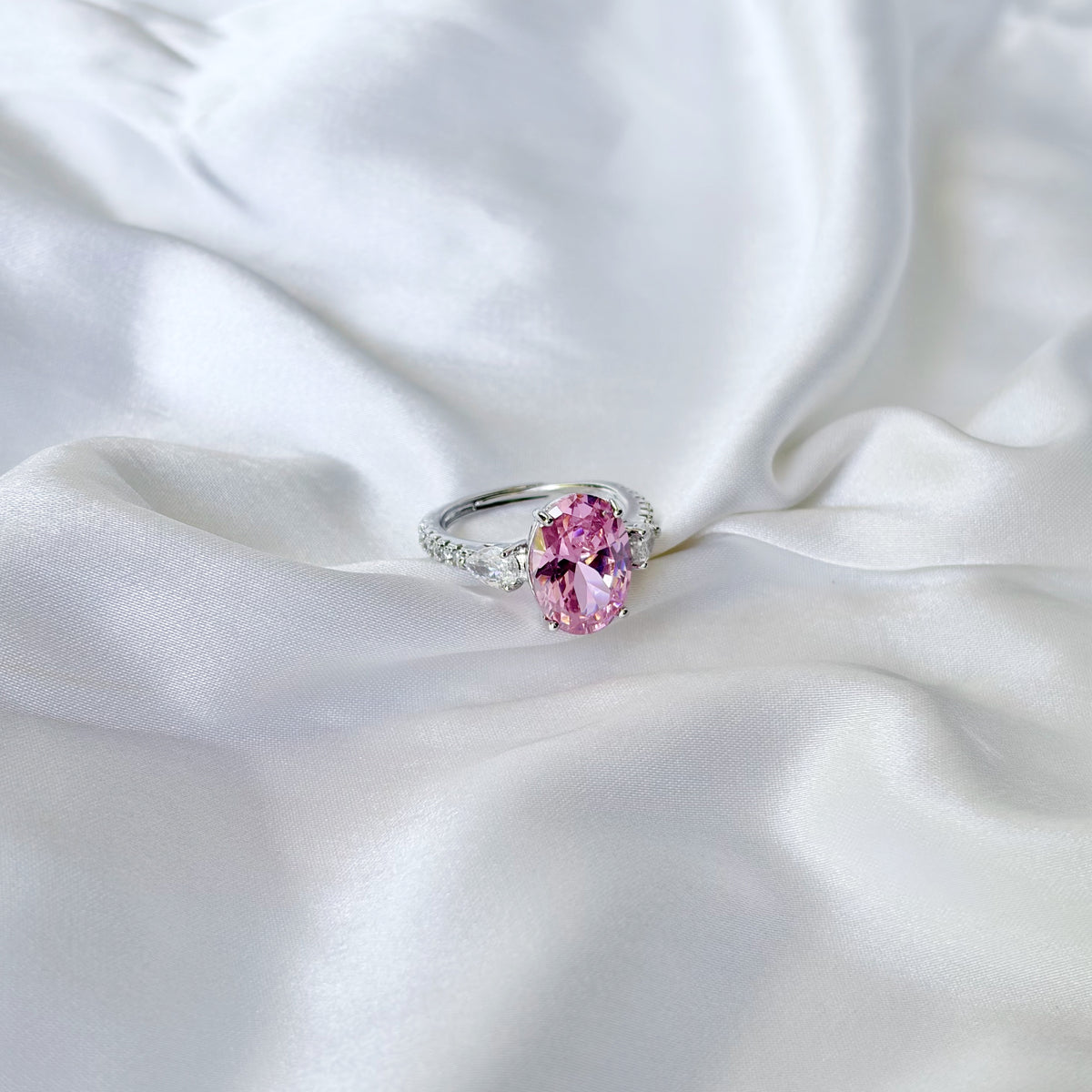 Pink Topaz Cubic Zirconia Ice Cut American Diamond Silver Plated Adjustable Ring