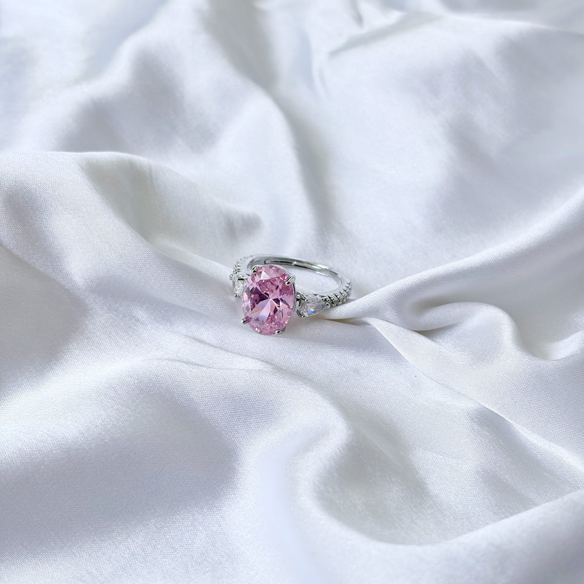 Pink Topaz Cubic Zirconia Ice Cut American Diamond Silver Plated Adjustable Ring