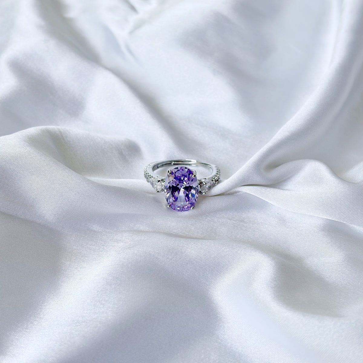 Purple Amethyst Cubic Zirconia Ice Cut American Diamond Silver Plated Adjustable Ring
