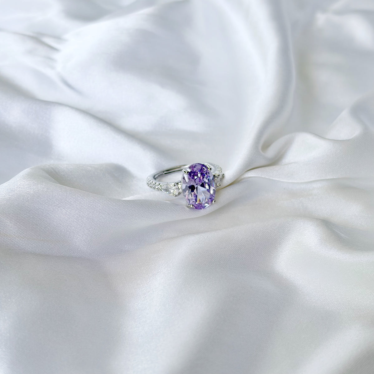 Purple Amethyst Cubic Zirconia Ice Cut American Diamond Silver Plated Adjustable Ring
