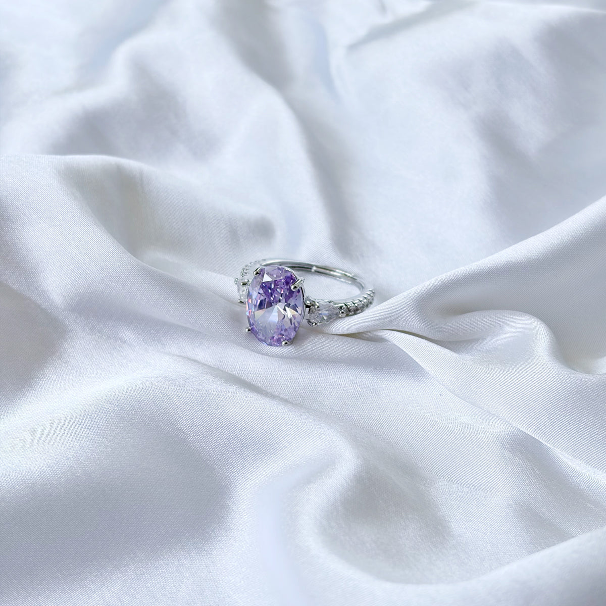 Purple Amethyst Cubic Zirconia Ice Cut American Diamond Silver Plated Adjustable Ring